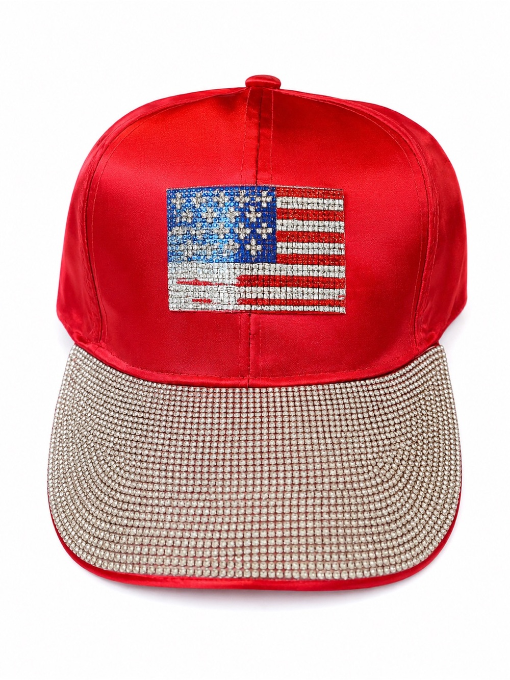 Embellished Red Baseball Cap with Rhinestone American Flag
